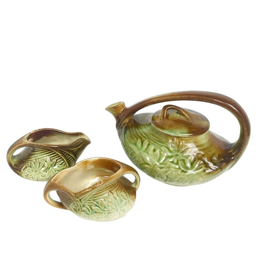 vintage McCoy green brown Daisy Green creamer sugar bowl teapot lid POTTERY set