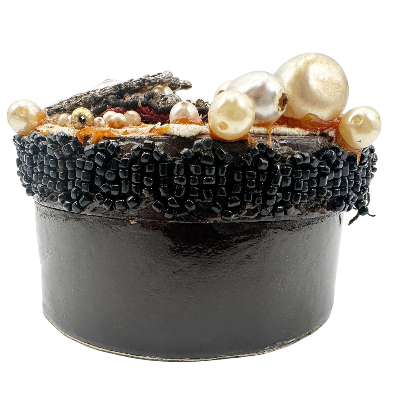 vintage embellished black Round trinket Box lace beads brooches faux pearls