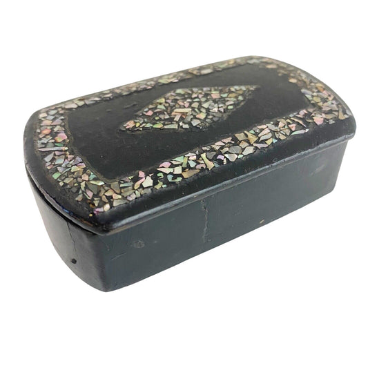 vintage small black Trinket Box keepsake lipstick iridescent stones hinged lid