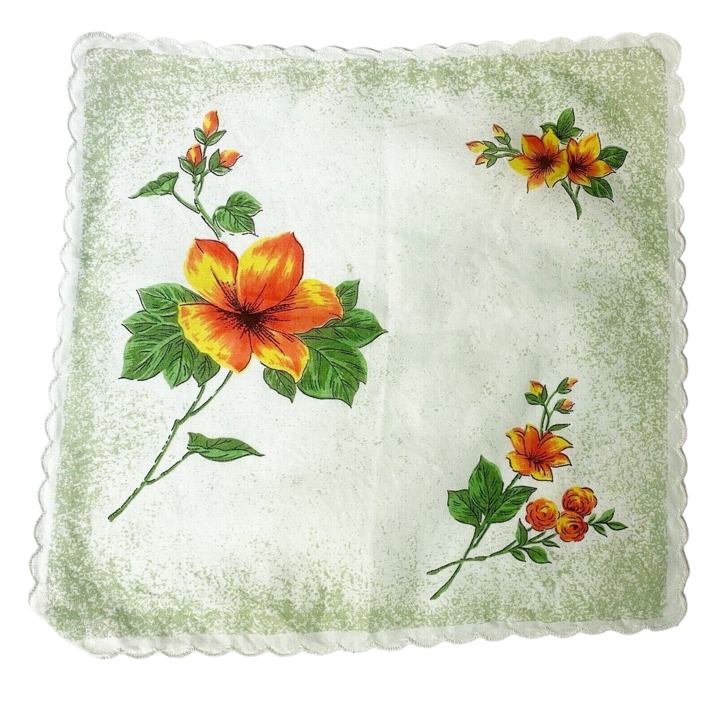 vintage pale green floral Handkerchief hanky orange flowers