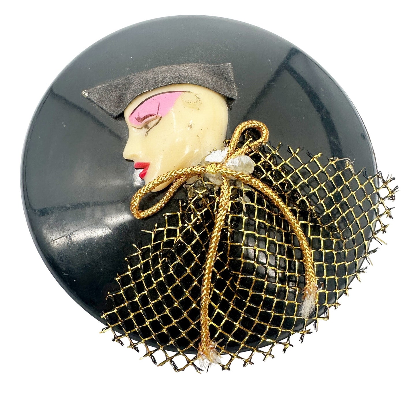 vintage circular-shaped hinged Trinket Box black jewelry container art deco face