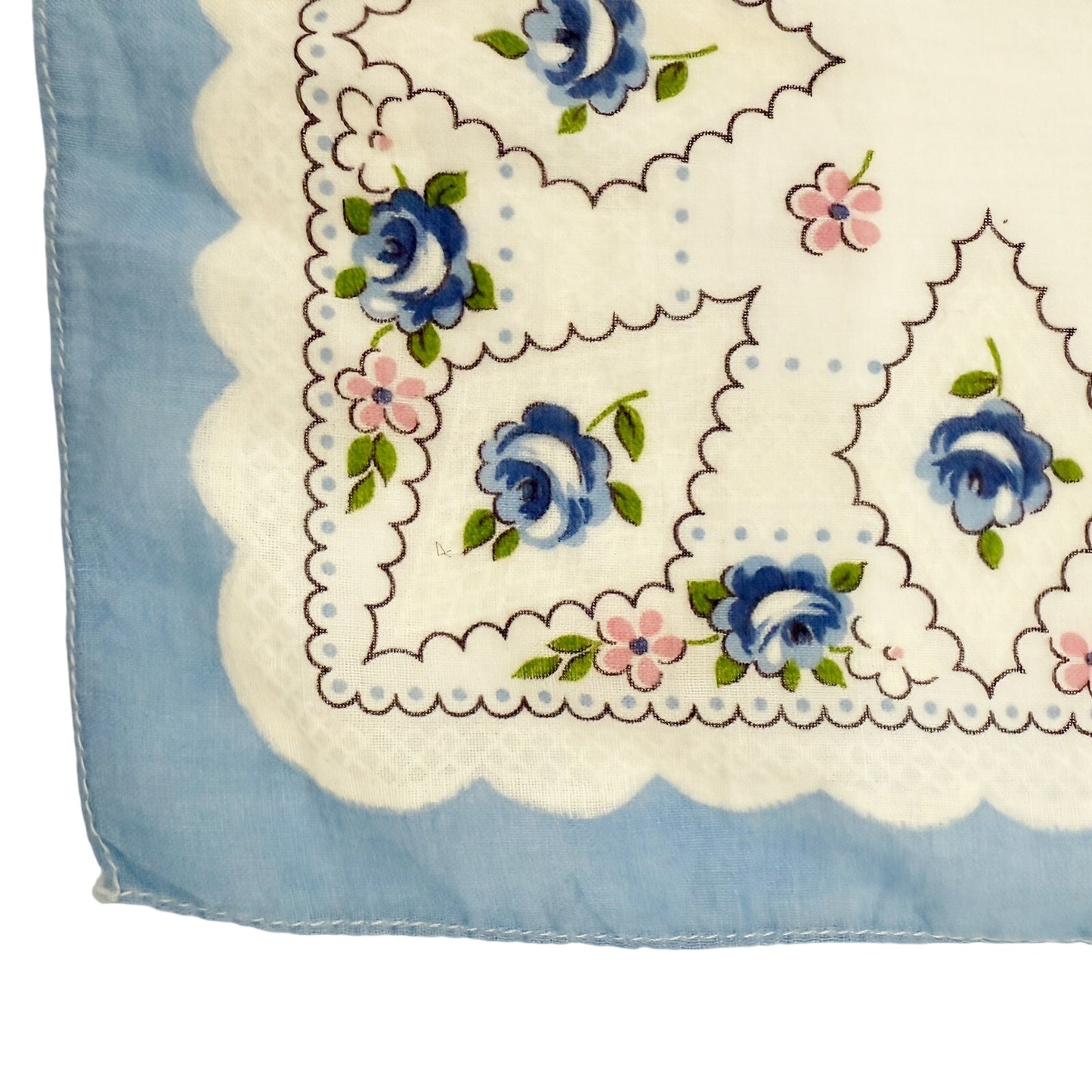 vintage floral Handkerchief Hanky pink white blue flowers green 11.5" square