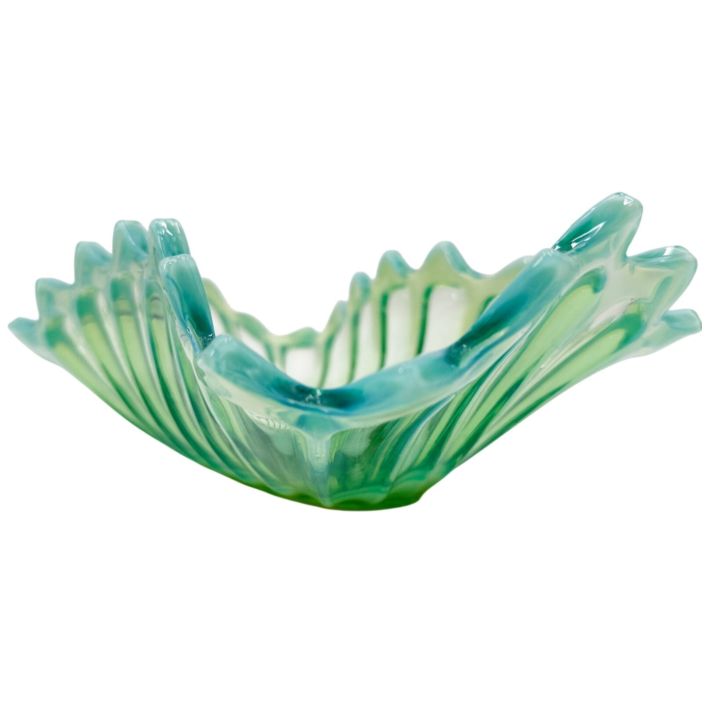 vintage Fostoria Heirloom Green blown glass 12" Oblong Bowl opalescent