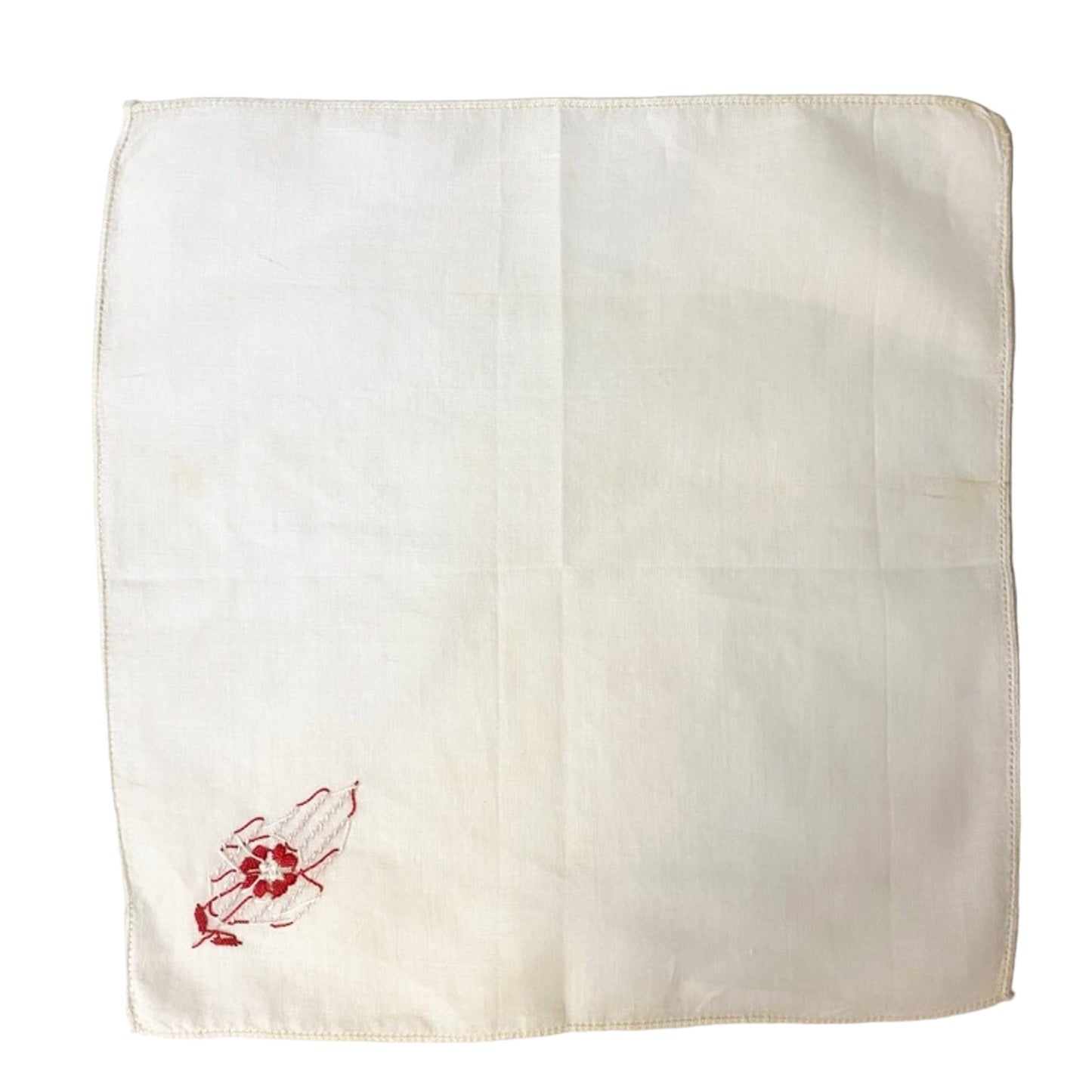 vintage white Handkerchief hanky single embroidered red & white flower