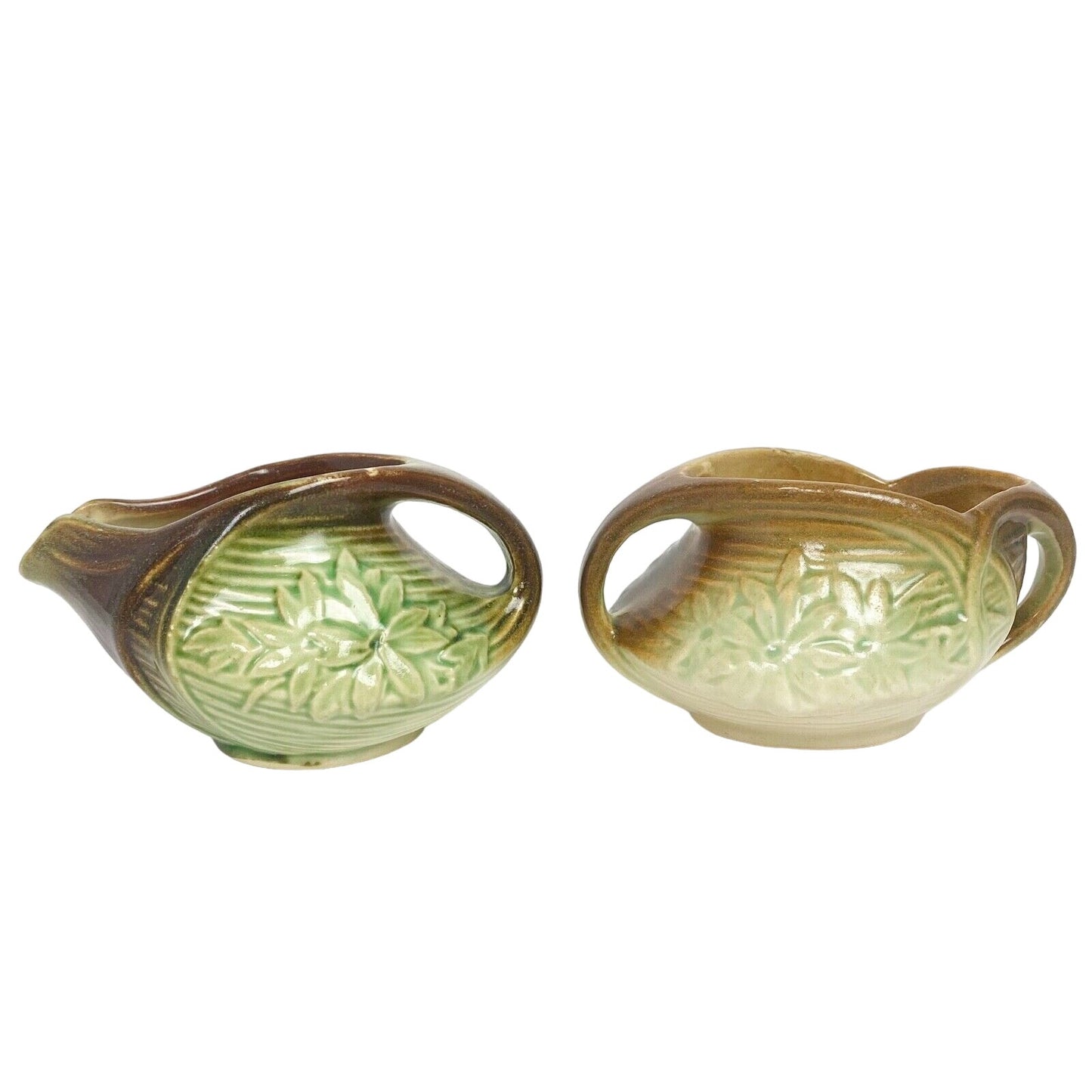 vintage McCoy green brown Daisy Green creamer sugar bowl teapot lid POTTERY set