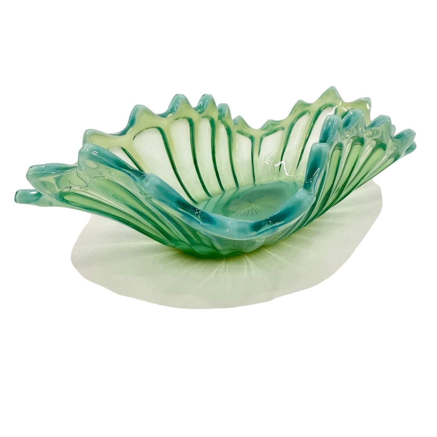 vintage Fostoria Heirloom Green blown glass 12" Oblong Bowl opalescent