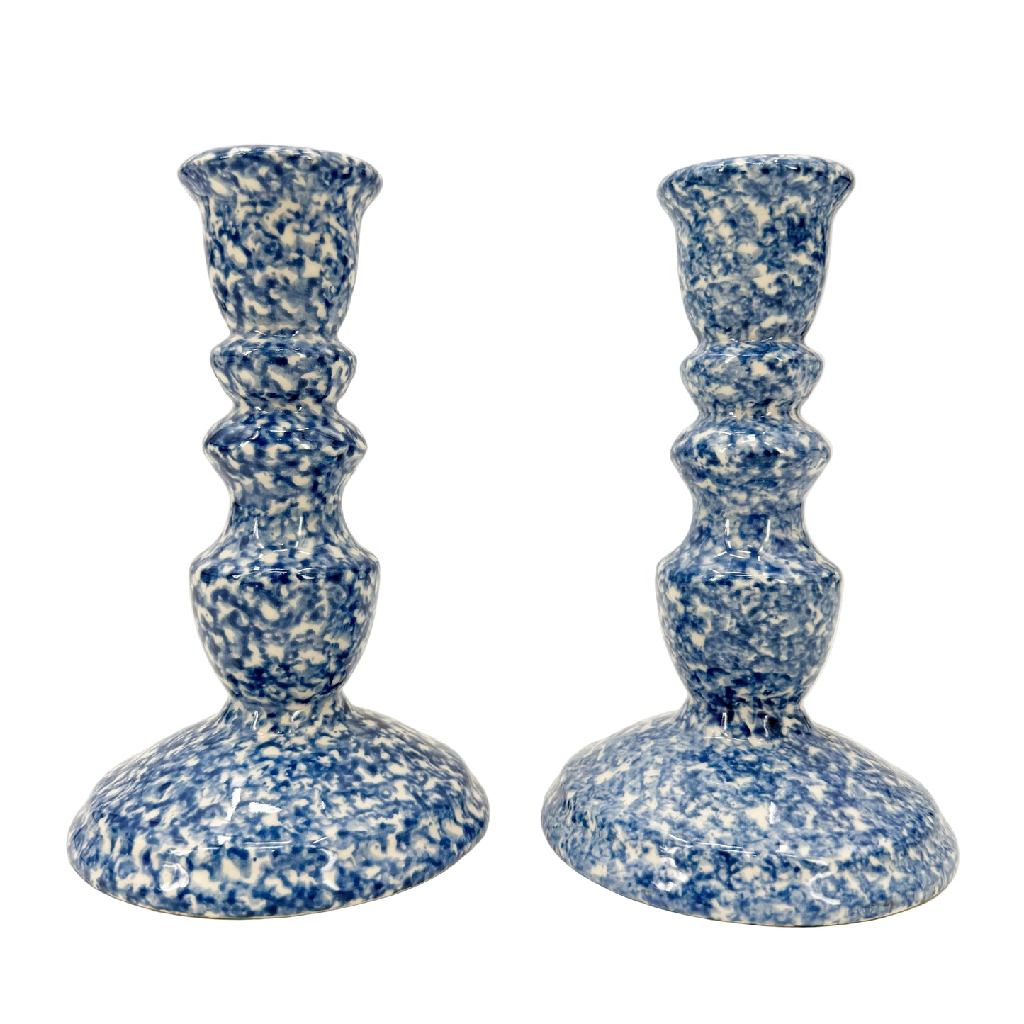 vintage blue & white spongeware Candlestick Holders | set of 2