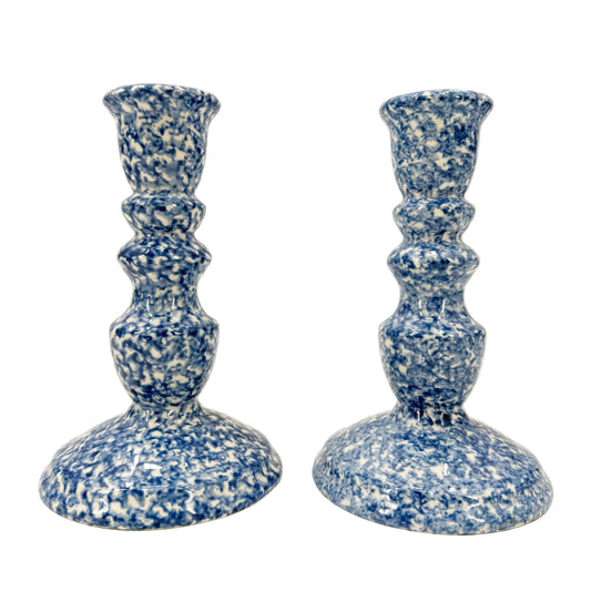 vintage blue & white spongeware Candlestick Holders | set of 2