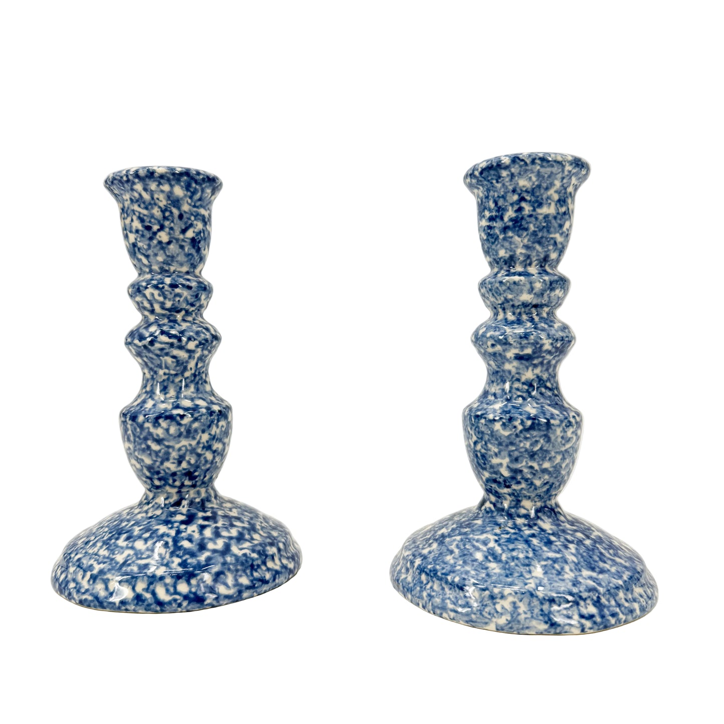vintage blue & white spongeware Candlestick Holders | set of 2