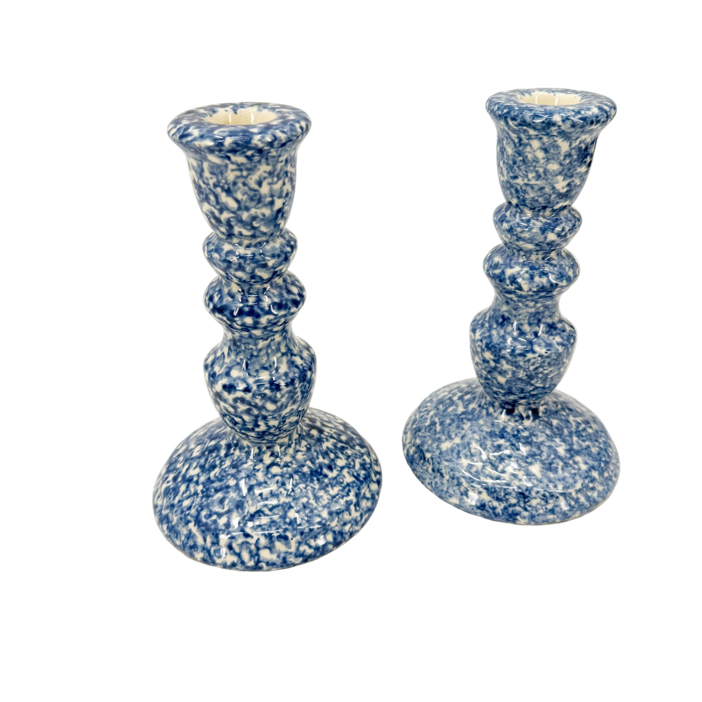 vintage blue & white spongeware Candlestick Holders | set of 2