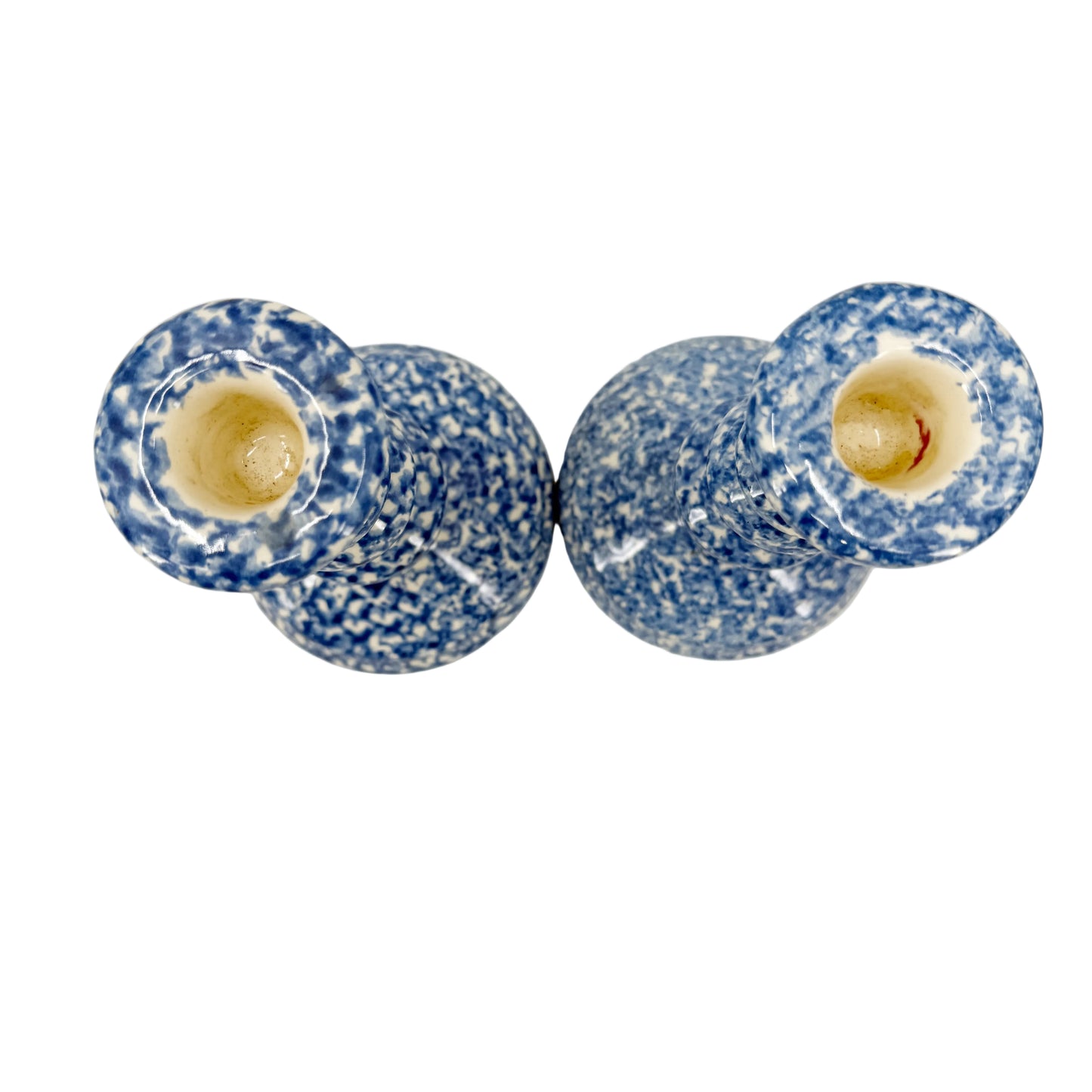 vintage blue & white spongeware Candlestick Holders | set of 2