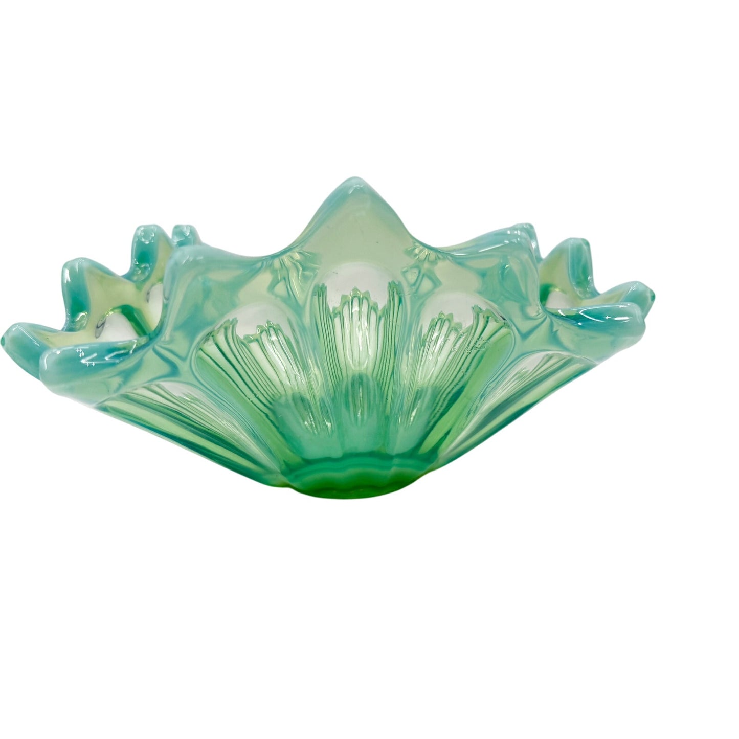vintage Fostoria Heirloom Green blown glass 12" Oblong Bowl opalescent