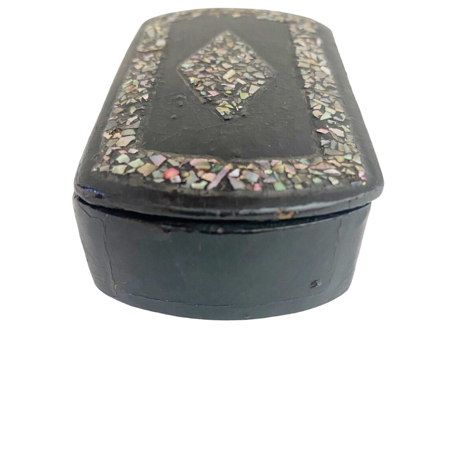 vintage small black Trinket Box keepsake lipstick iridescent stones hinged lid