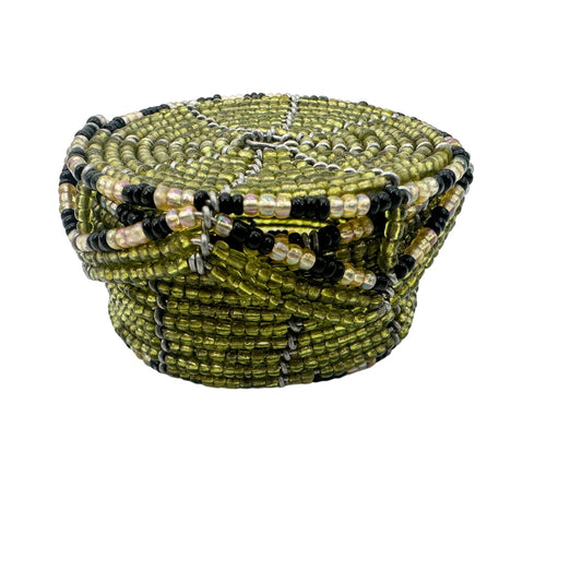 green & black beaded wire Trinket jewelry Box basket & lid small 2" diameter