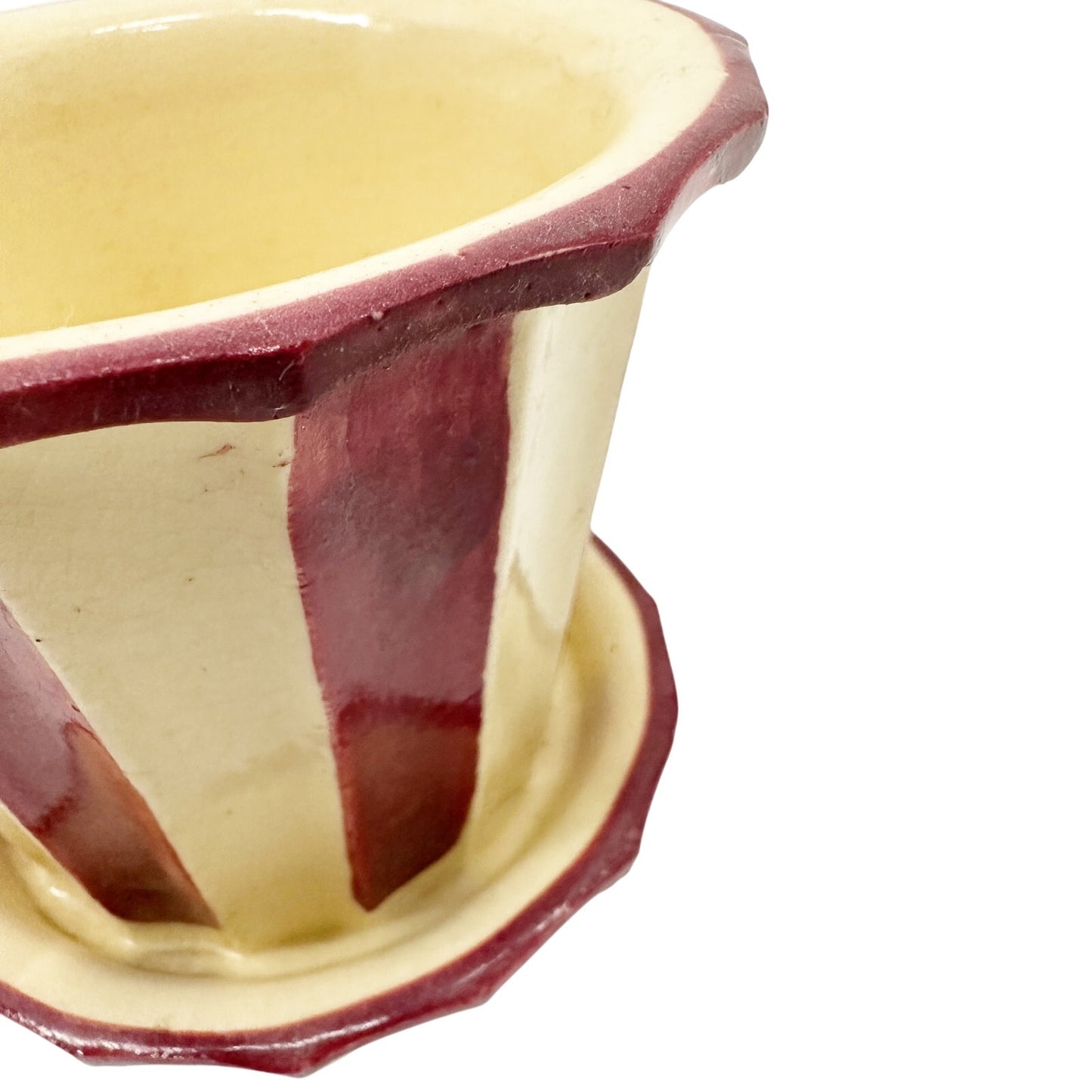 vintage cream & burgundy striped Flower Pot and Underplate Japan art pottery