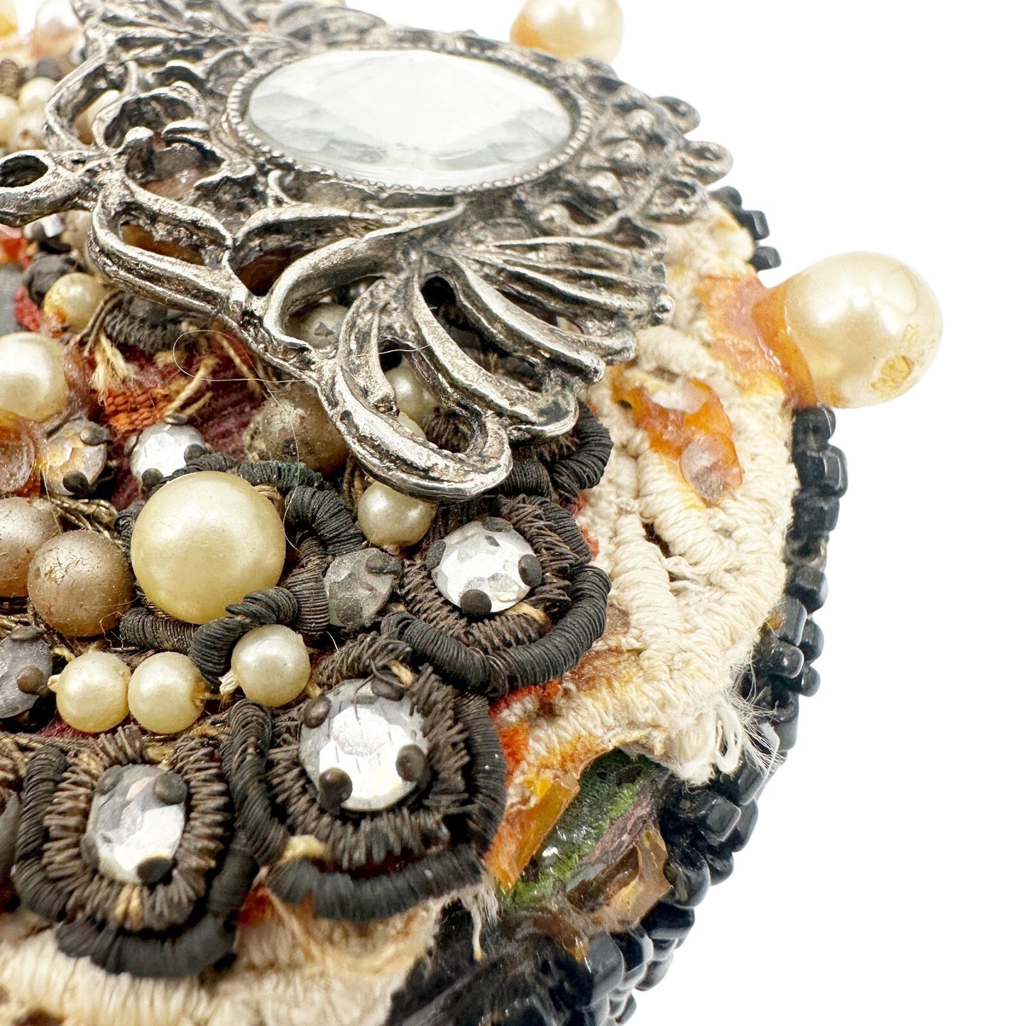 vintage embellished black Round trinket Box lace beads brooches faux pearls