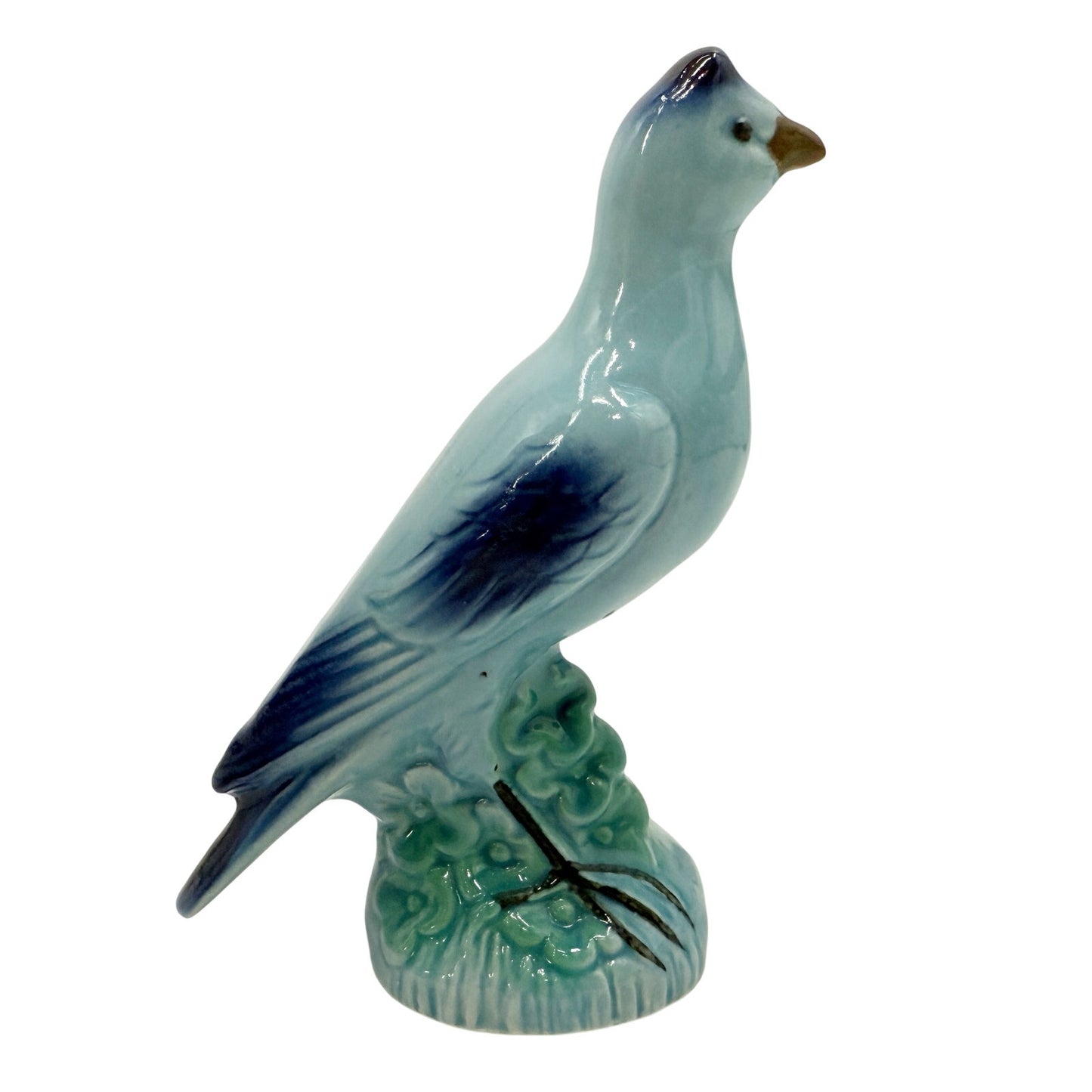 vintage standing Blue Bird Figurine green floral art pottery 7" tall ceramics