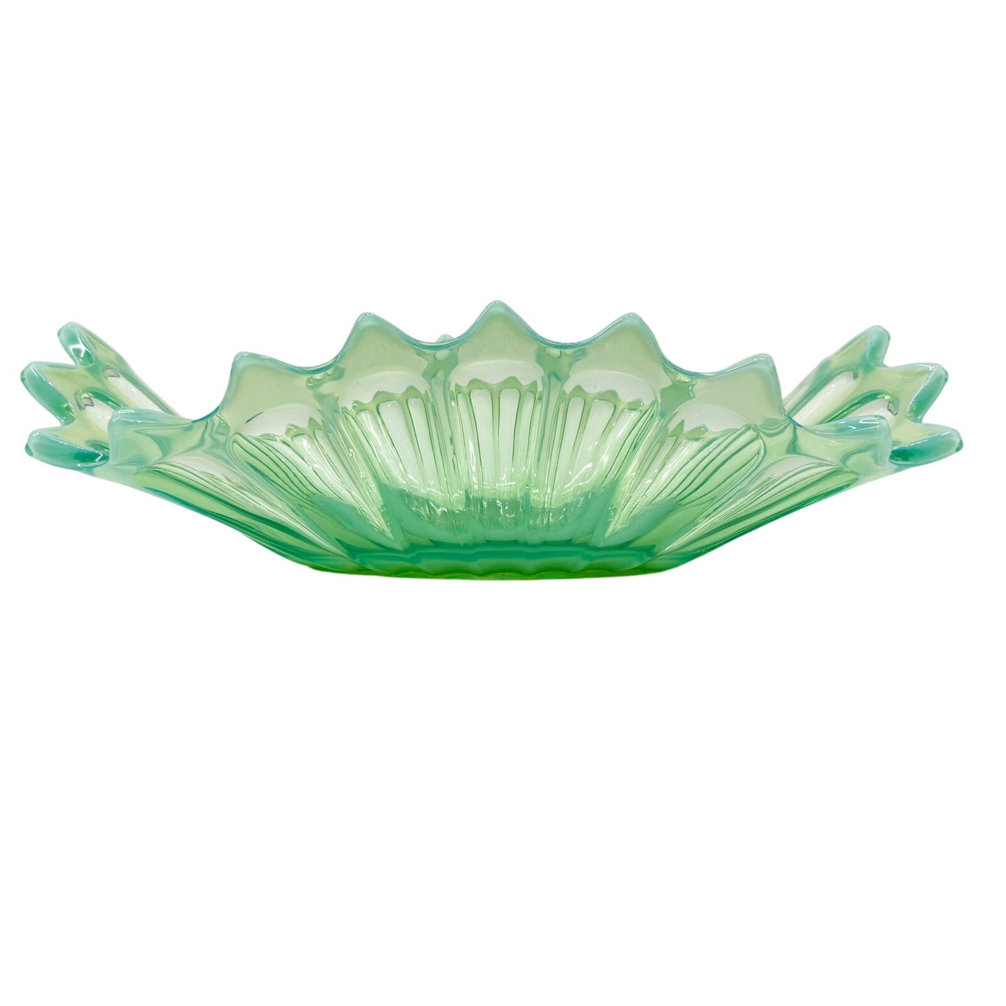 vintage Fostoria Heirloom Green blown glass 12" Oblong Bowl opalescent