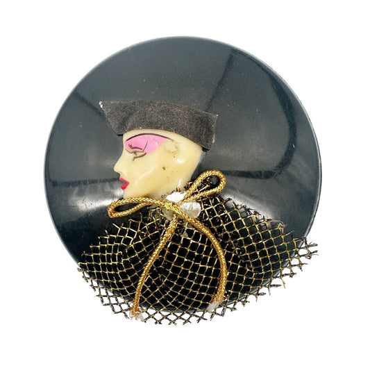 vintage circular-shaped hinged Trinket Box black jewelry container art deco face