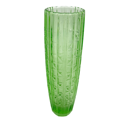 vintage floral straight VASE green glass vertical criss cross cuts 10" tall