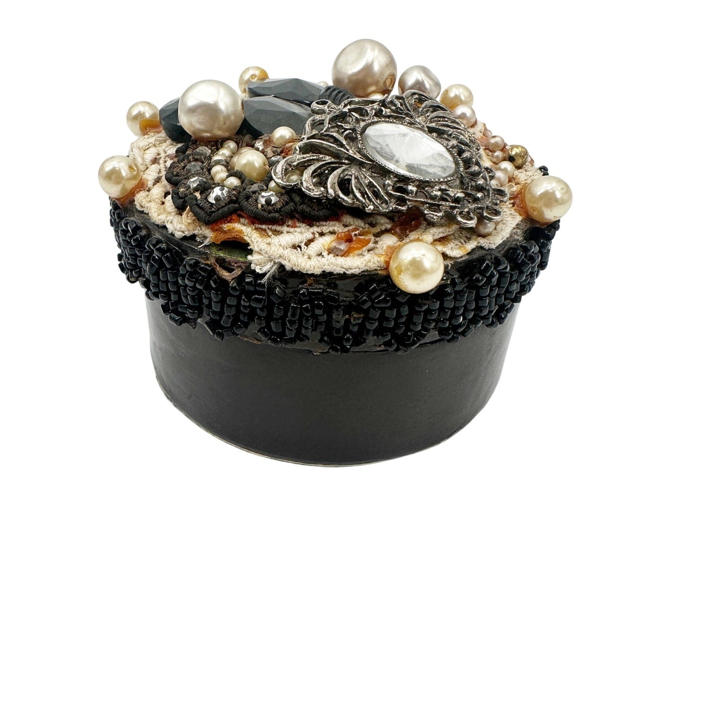 vintage embellished black Round trinket Box lace beads brooches faux pearls