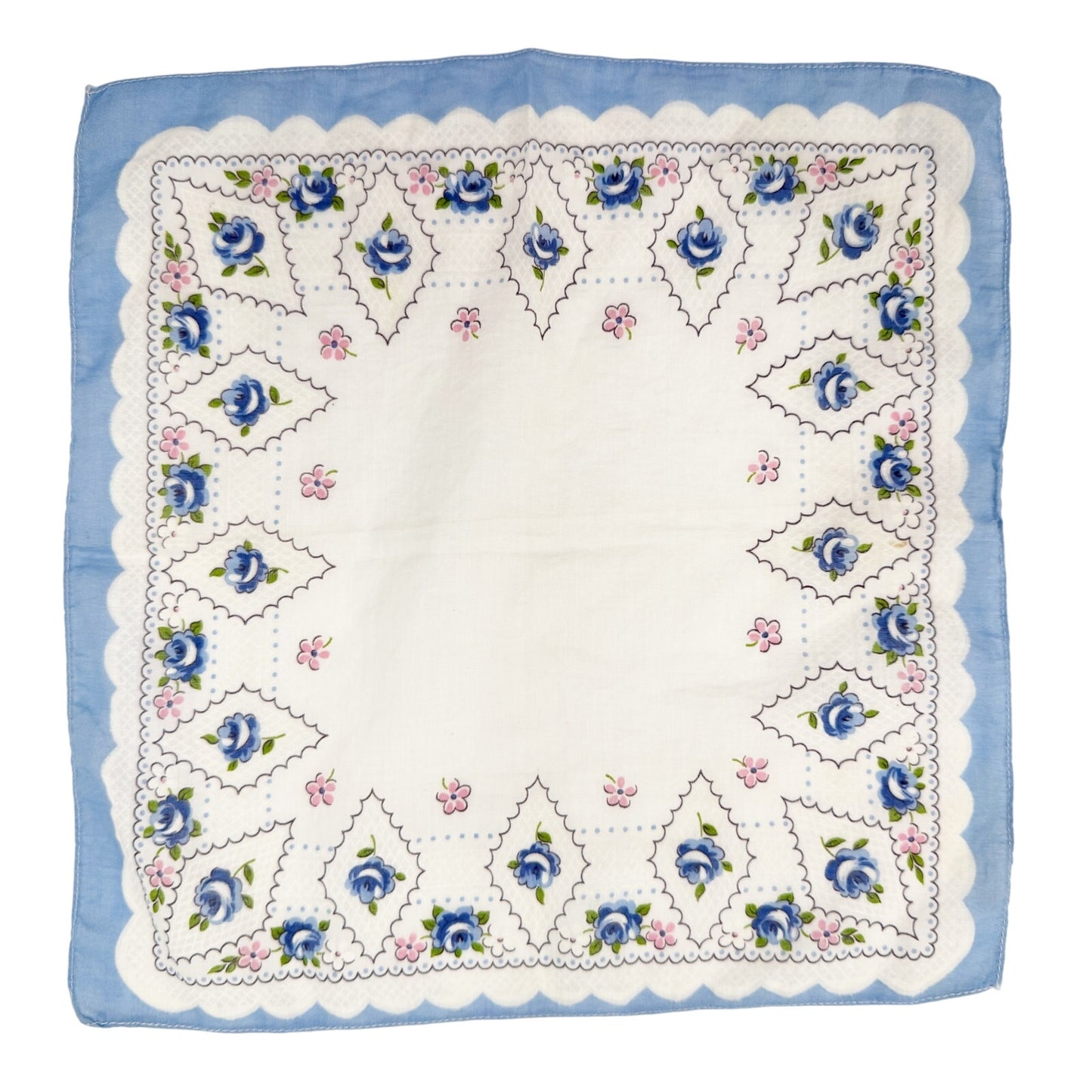 vintage floral Handkerchief Hanky pink white blue flowers green 11.5" square