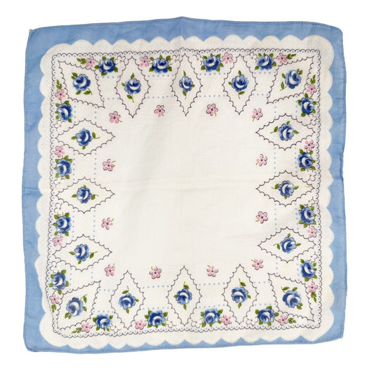 vintage floral Handkerchief Hanky pink white blue flowers green 11.5" square