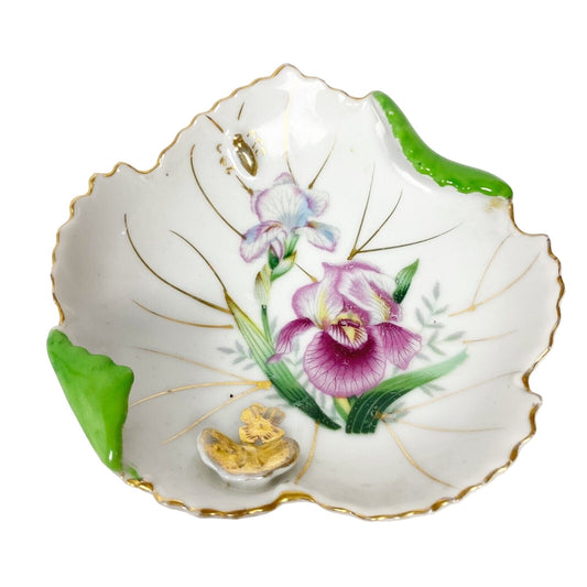 vintage Orion China gladiola gladiolus floral Leaf Dish hand painted Japan gold