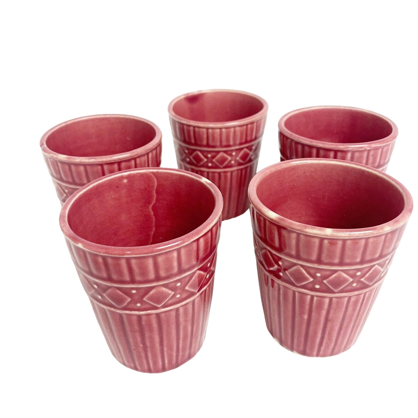 set of 5 small tumbler ceramic pottery CUPS red burgundy Made in Japan container