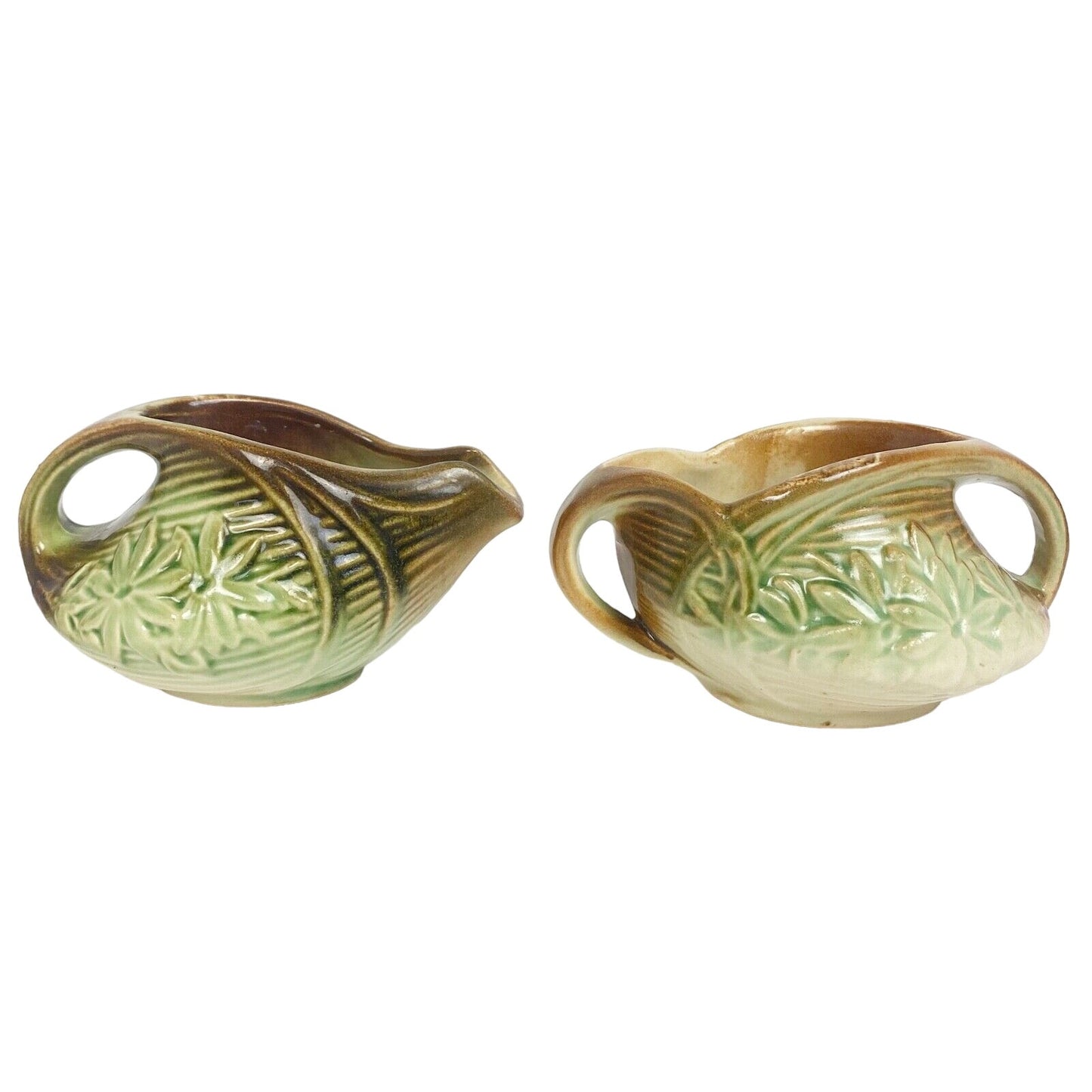 vintage McCoy green brown Daisy Green creamer sugar bowl teapot lid POTTERY set