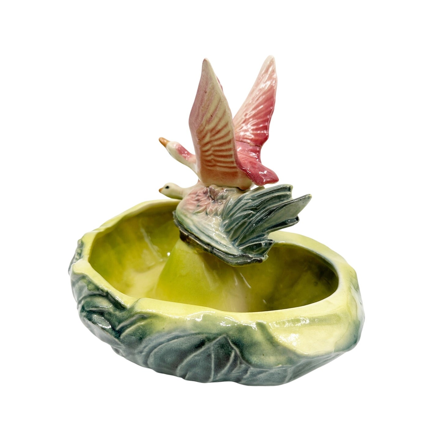 vintage McCoy flying mallard duck PLANTER pink green blue art pottery *damage*