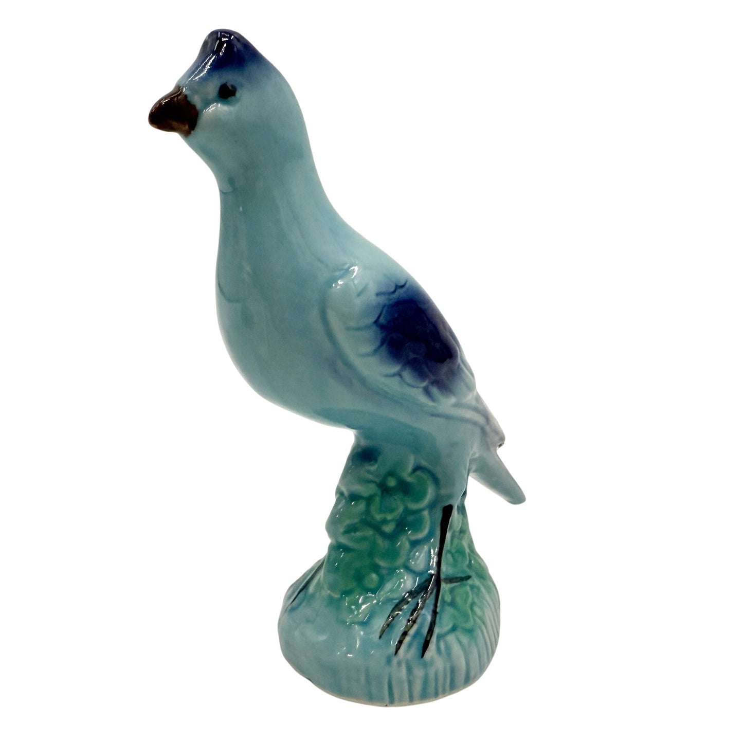 vintage standing Blue Bird Figurine green floral art pottery 7" tall ceramics