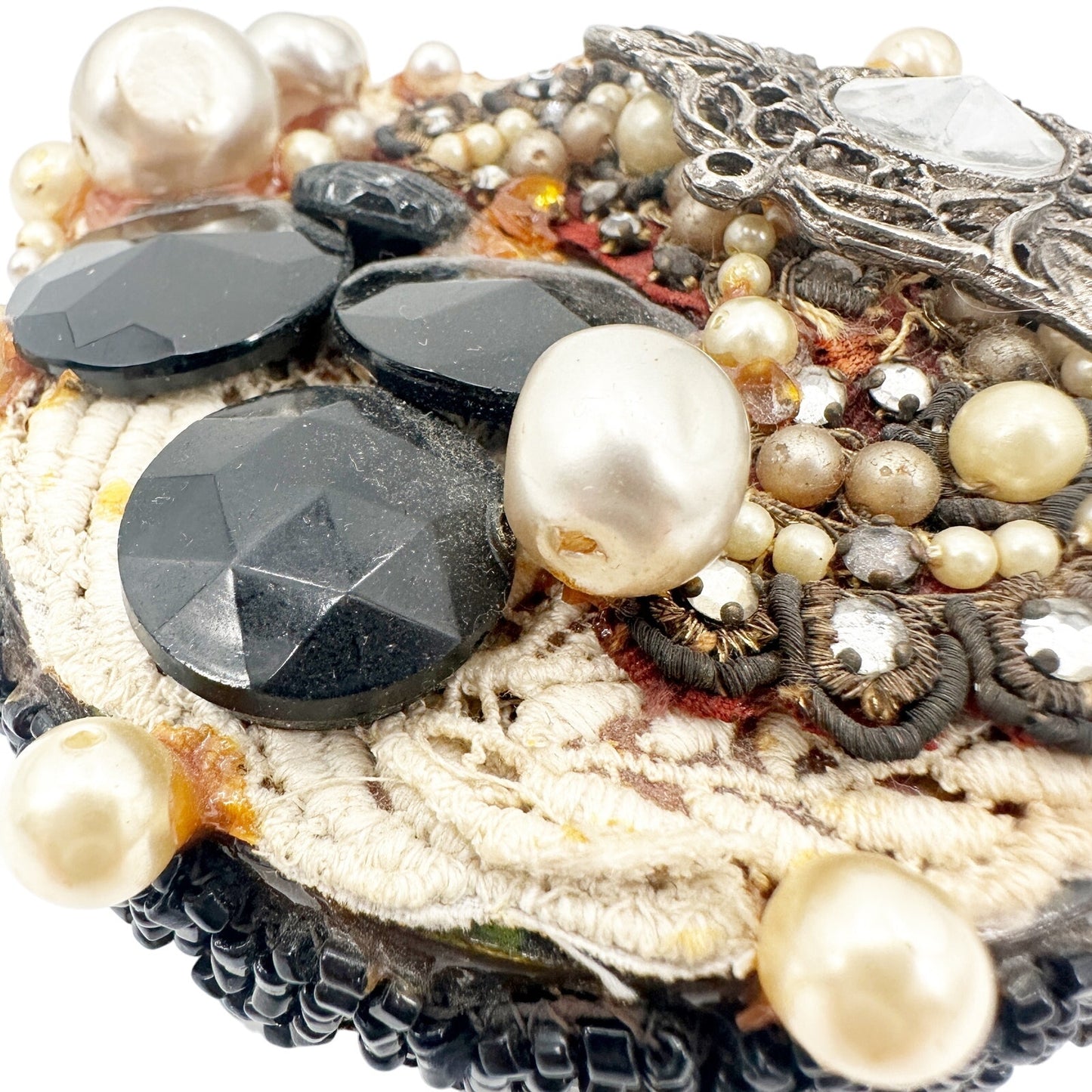 vintage embellished black Round trinket Box lace beads brooches faux pearls