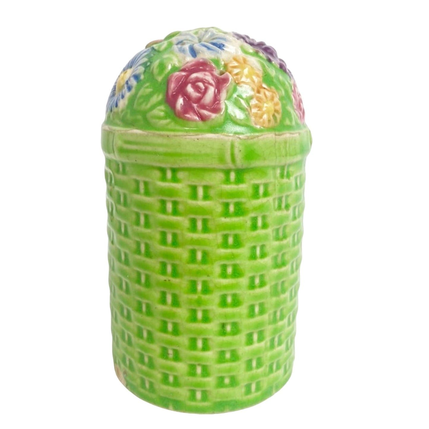 vintage large floral salt pepper spice ceramic SHAKER green basketweave pottery