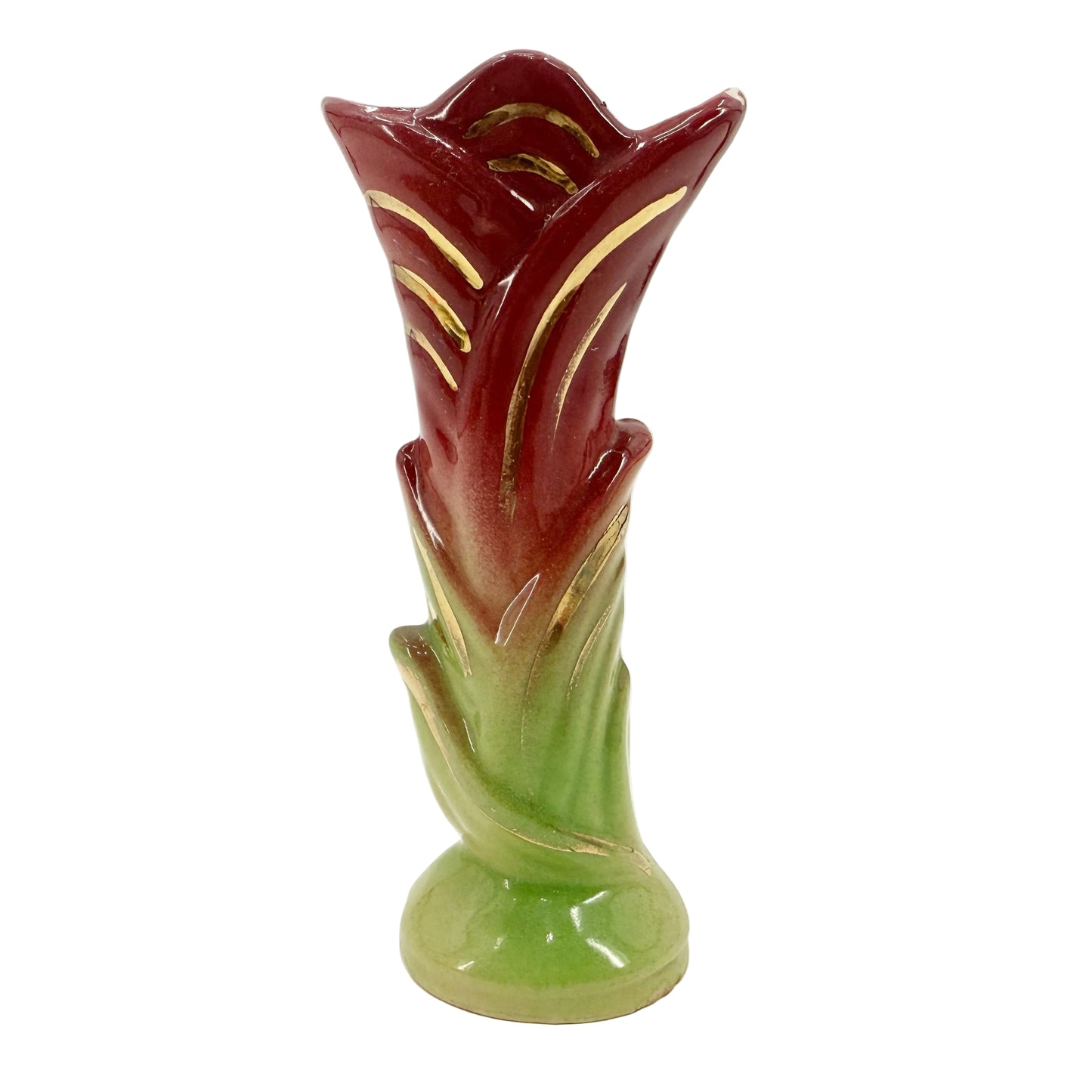 Shawnee burgundy green & gold Bud floral Vase | vintage pottery