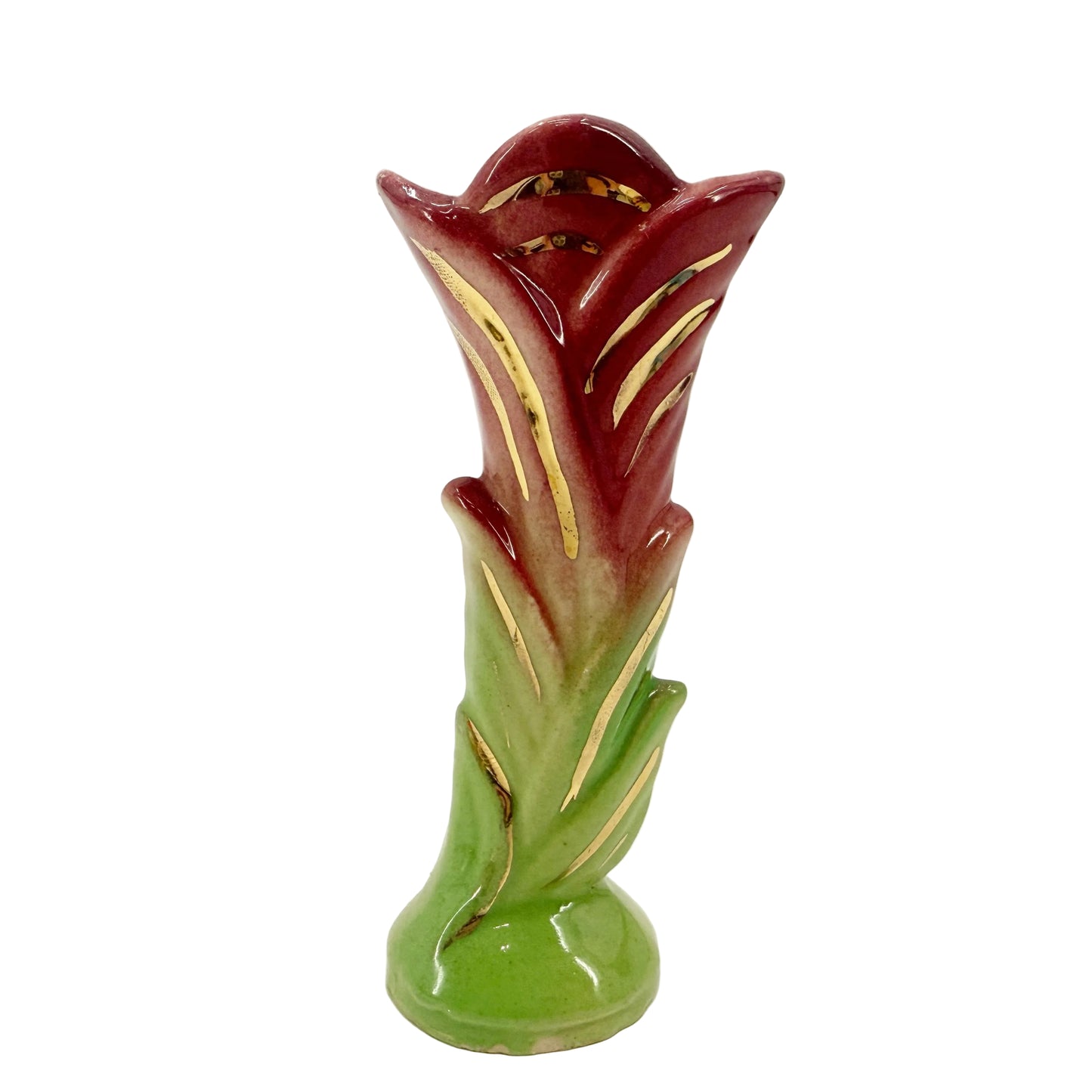 Shawnee burgundy green & gold Bud floral Vase | vintage pottery