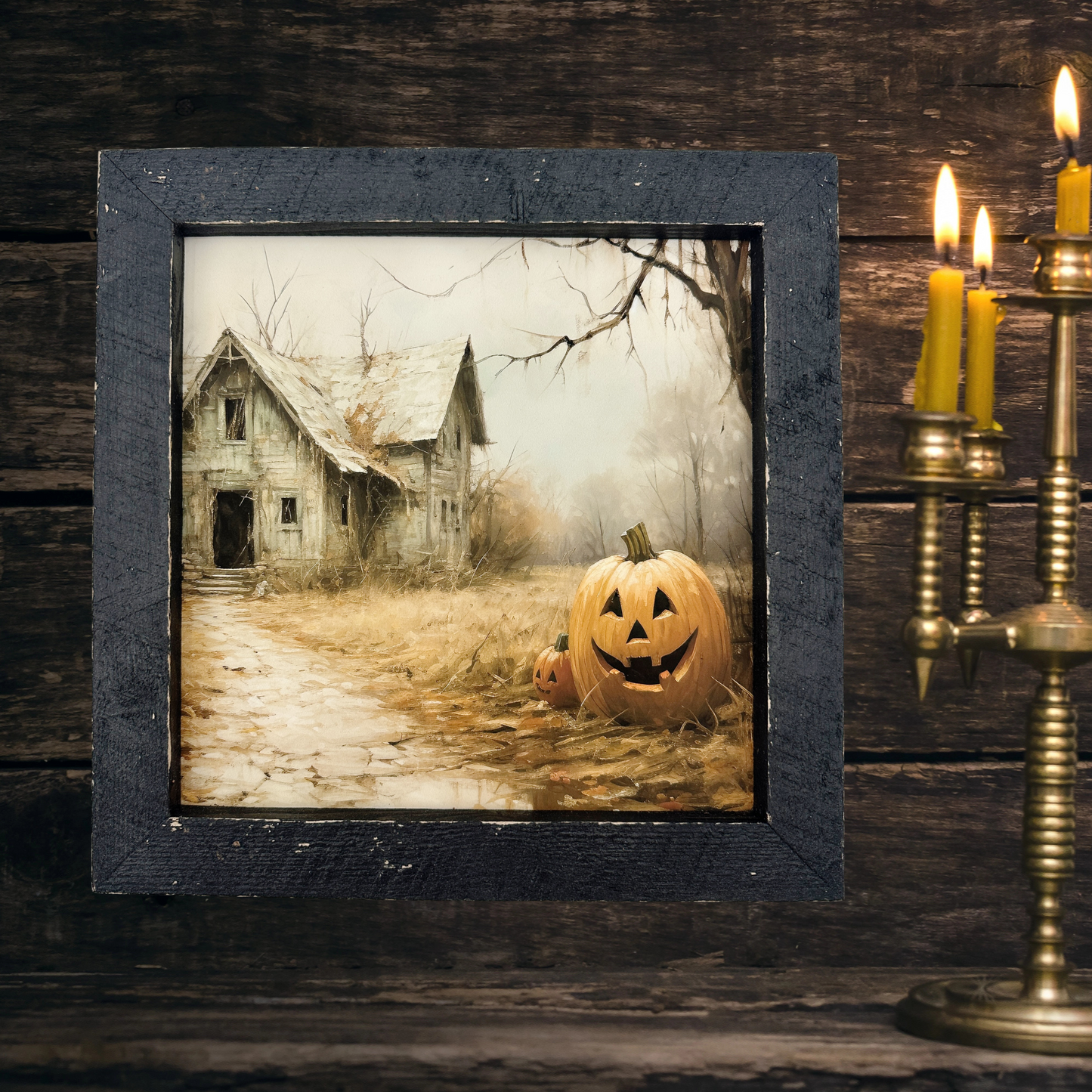 Abandoned House with Jack-O-Lanterns | 14" x 14" framed art print