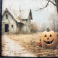 Abandoned House with Jack-O-Lanterns | 14" x 14" framed art print