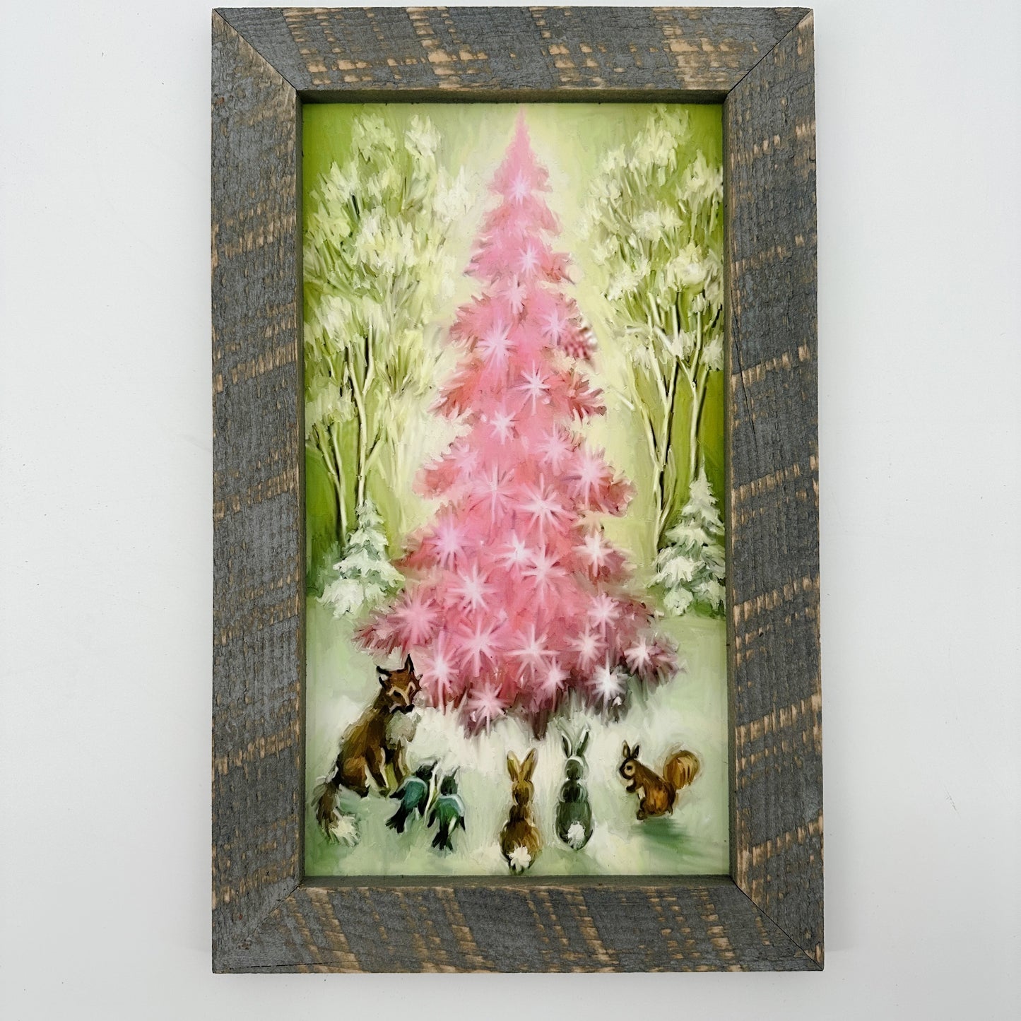 Pink Christmas Tree with Animals | 16" x 10" framed art print