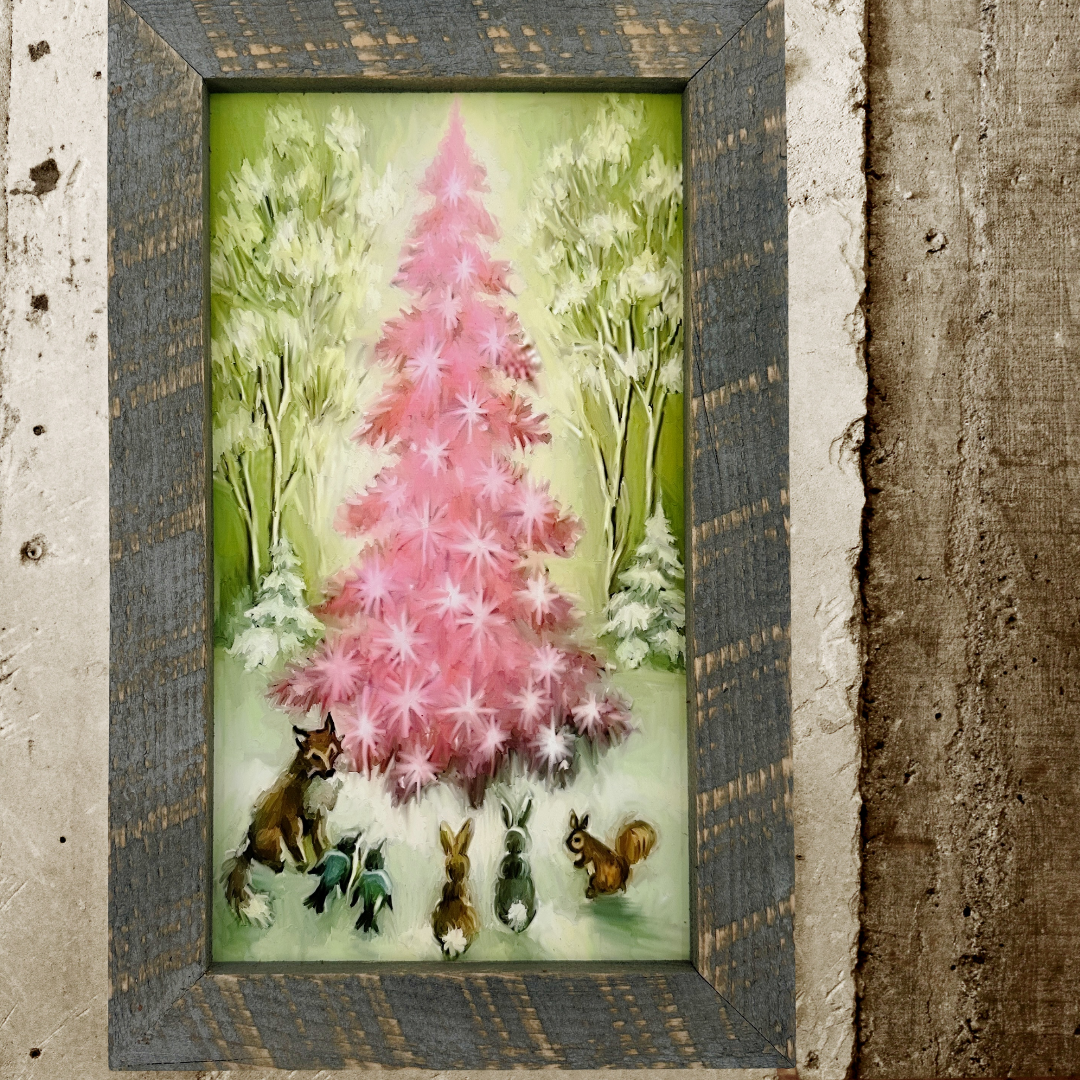 Pink Christmas Tree with Animals | 16" x 10" framed art print